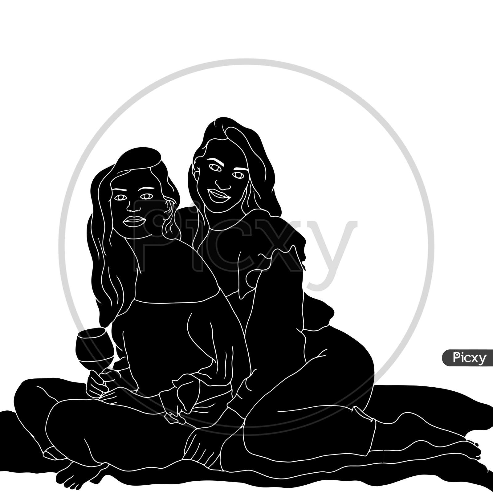 Two Girls Sitting On The Carpet, Happy Girls, The Silhouette Of People For Friendship Day. Hand-Drawn Character Illustration Of Happy People.