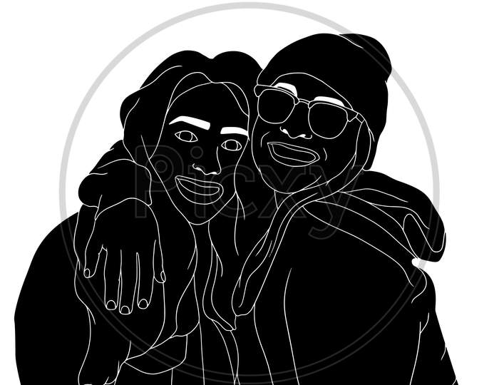 Two Girls Hug Each Other, Girls Happy Moment, The Silhouette Of People For Friendship Day. Hand-Drawn Character Illustration Of Happy People.