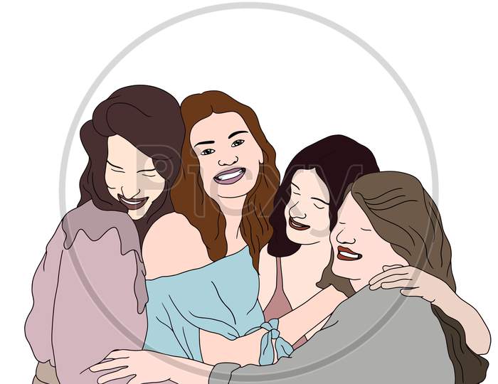 Group Of Girls Having The Best Time, Friendship Happy Moment, Flat Colorful Illustration Of People For Friendship Day. Hand-Drawn Character Illustration Of Happy People.