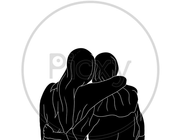 A Cute Bonding Between Two Girls, The Silhouette Of People For Friendship Day. Hand-Drawn Character Illustration Of Happy People.