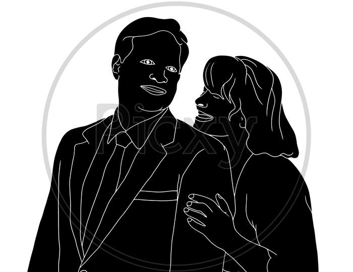 A Couple Having A Great Time, Wife Hugs Husband, The Silhouette Of People For Friendship Day. Hand-Drawn Character Illustration Of Happy People.