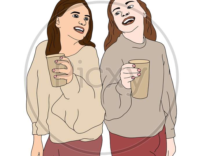 Two Teen Girls Having A Cold Drink, Girls Having Friends Time, Flat Colorful Illustration Of People For Friendship Day. Hand-Drawn Character Illustration Of Happy People.