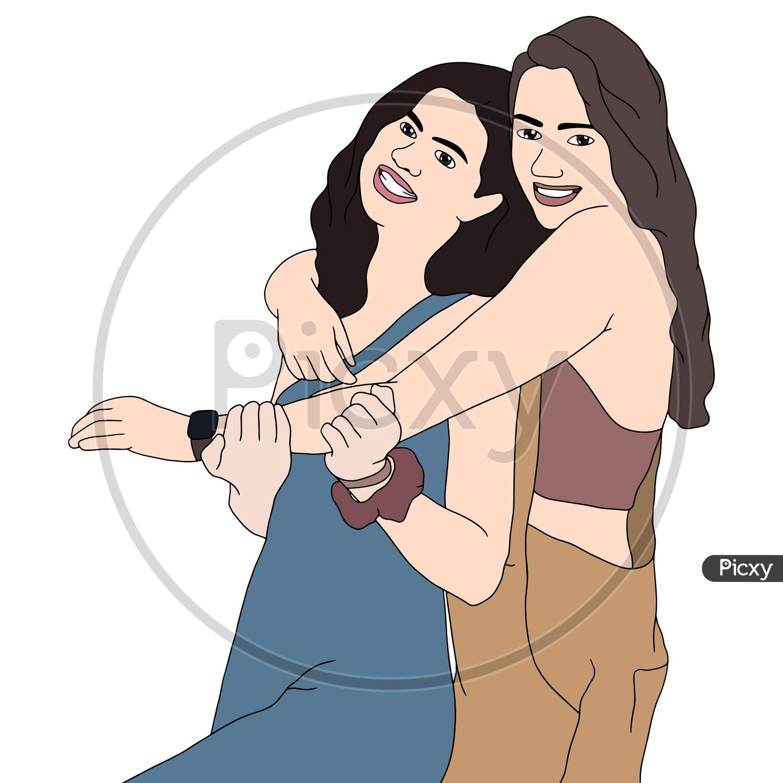 A Beautiful Relationship Of Two Girls, Best Friends Forever, Flat Colorful Illustration Of People For Friendship Day. Hand-Drawn Character Illustration Of Happy People.