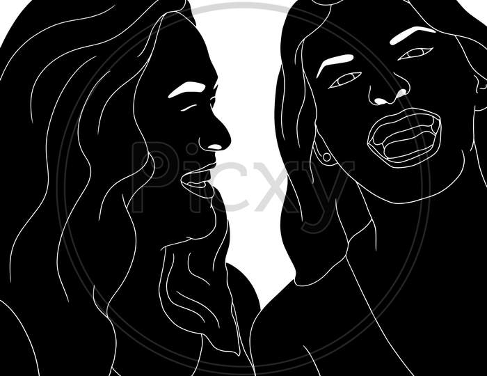 Two Girls Laughing Or Smiling, Girls Happy Moment, The Silhouette Of People For Friendship Day. Hand-Drawn Character Illustration Of Happy People.