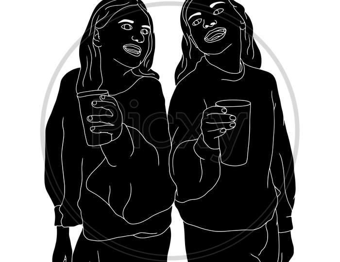 Two Teen Girls Having A Cold Drink, Girls Having Friends Time, The Silhouette Of People For Friendship Day. Hand-Drawn Character Illustration Of Happy People.
