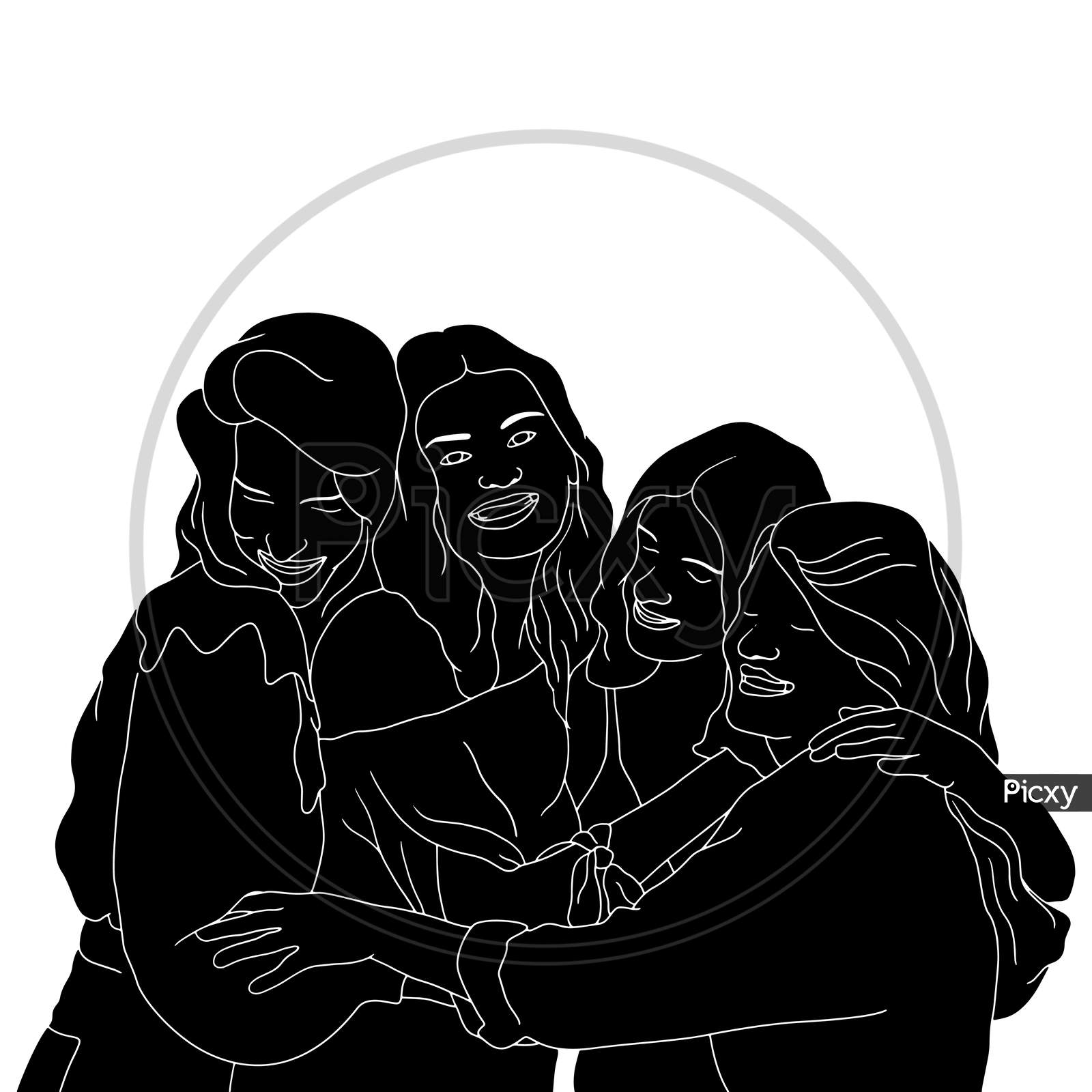 Group Of Girls Having The Best Time, Friendship Happy Moment, The Silhouette Of People For Friendship Day. Hand-Drawn Character Illustration Of Happy People.
