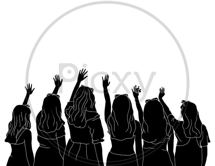 A Group Of Girls Waving Their Hands In The Air, Friends Time, The Silhouette Of People For Friendship Day. Hand-Drawn Character Illustration Of Happy People.