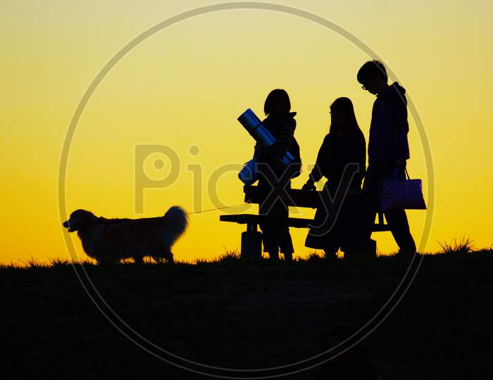 People Walking Evening Of The Hill With His Dog