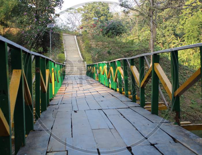 A wooden bridge in natural park