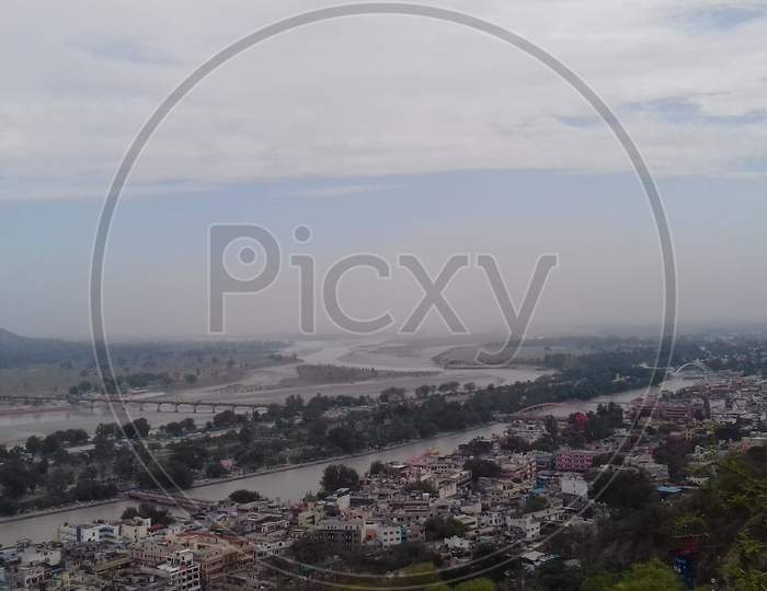 Cityscape or top view of Haridwar city.