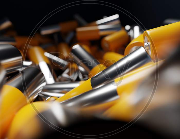 3D Illustration Close-Up Of Aa Size Alkaline Battery On Dark Background. An Unsafe Way To Use Energy.