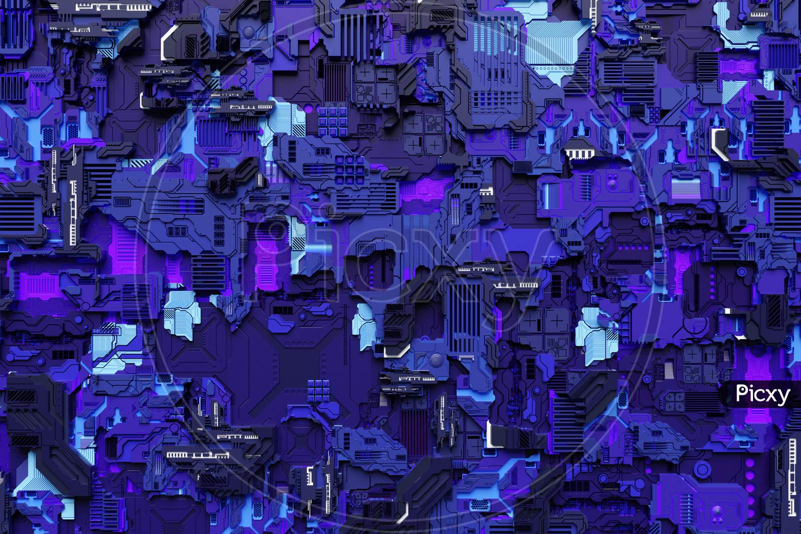 3D Illustration Of A Pattern In The Form Of A Metal, Technological Plating Of A Spaceship Or A Robot. Abstract Graphics In The Style Of Computer Games. Close Up Of The Blue Cyber Armor On Neon Lights