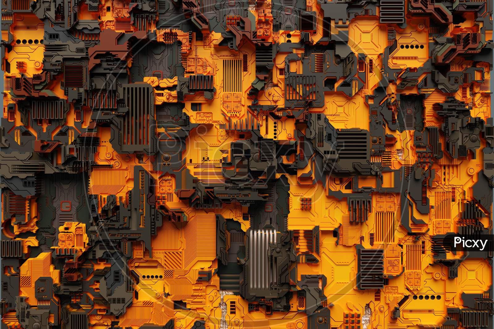 Image of 3D Illustration Of A Realistic Model Of A Robot Or Orange Cyber  Armor. Close-Up Equipment For Mining Crypto-Bitcoin; Ether. Video Cards;  Motherboards-GA631951-Picxy