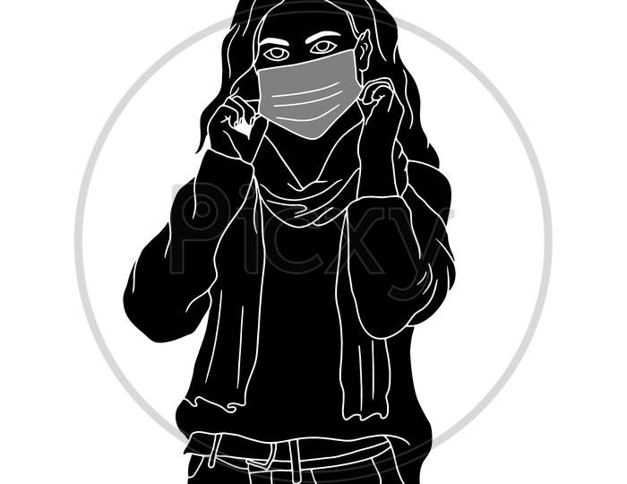 Girl Wearing Mask Hand-Drawn Silhouette On White Background, Vector Illustration Of Flat Characters In The Mask, Coronavirus Mask Illustrations.