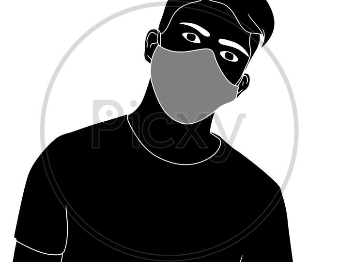 Young Man Looking At Camera Silhouette Illustrated On White Background Isolated, Vector Illustration Of Flat Characters In The Mask, Coronavirus Mask Illustrations.