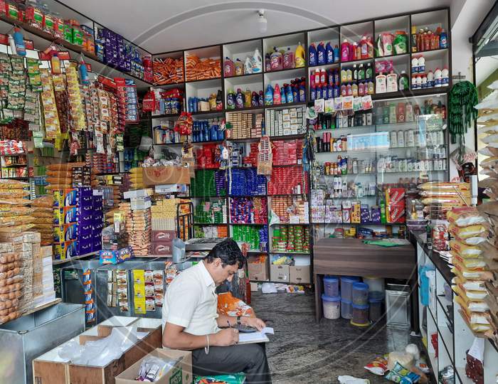 Closeup Of Indian Ration Or Provision Store In The City For Grocery Purchase