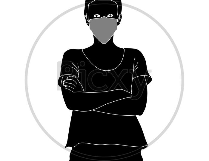 Young Women In A Mask With Folded Hand Character Silhouette Drawn On White Background, Vector Illustration Of Flat Characters In The Mask, Coronavirus Mask Illustrations.