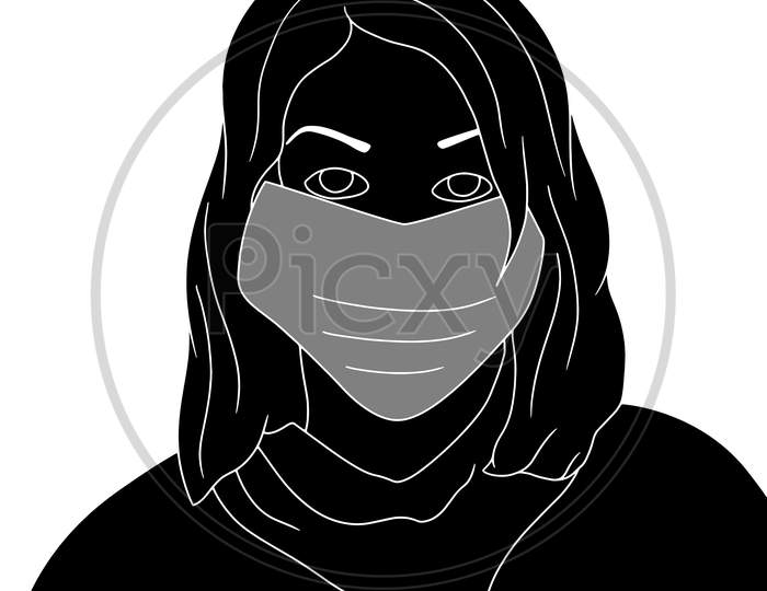 Young Women In Mask Character Silhouette Hand-Drawn Illustration On White Background, Vector Illustration Of Flat Characters In The Mask, Coronavirus Mask Illustrations.