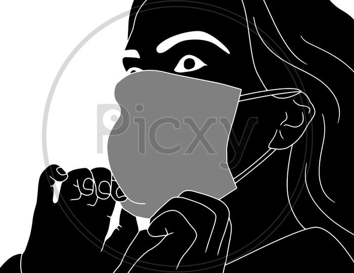 A Woman Adjusting Her Face Mask With Hands, Character Silhouette Illustrated On White Background, Vector Illustration Of Flat Characters In The Mask, Coronavirus Mask Illustrations.