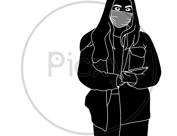 Cute Girl In A Mask Looking At You Silhouette Illustrated On White Background, Vector Illustration Of Flat Characters In The Mask, Coronavirus Mask Illustrations.