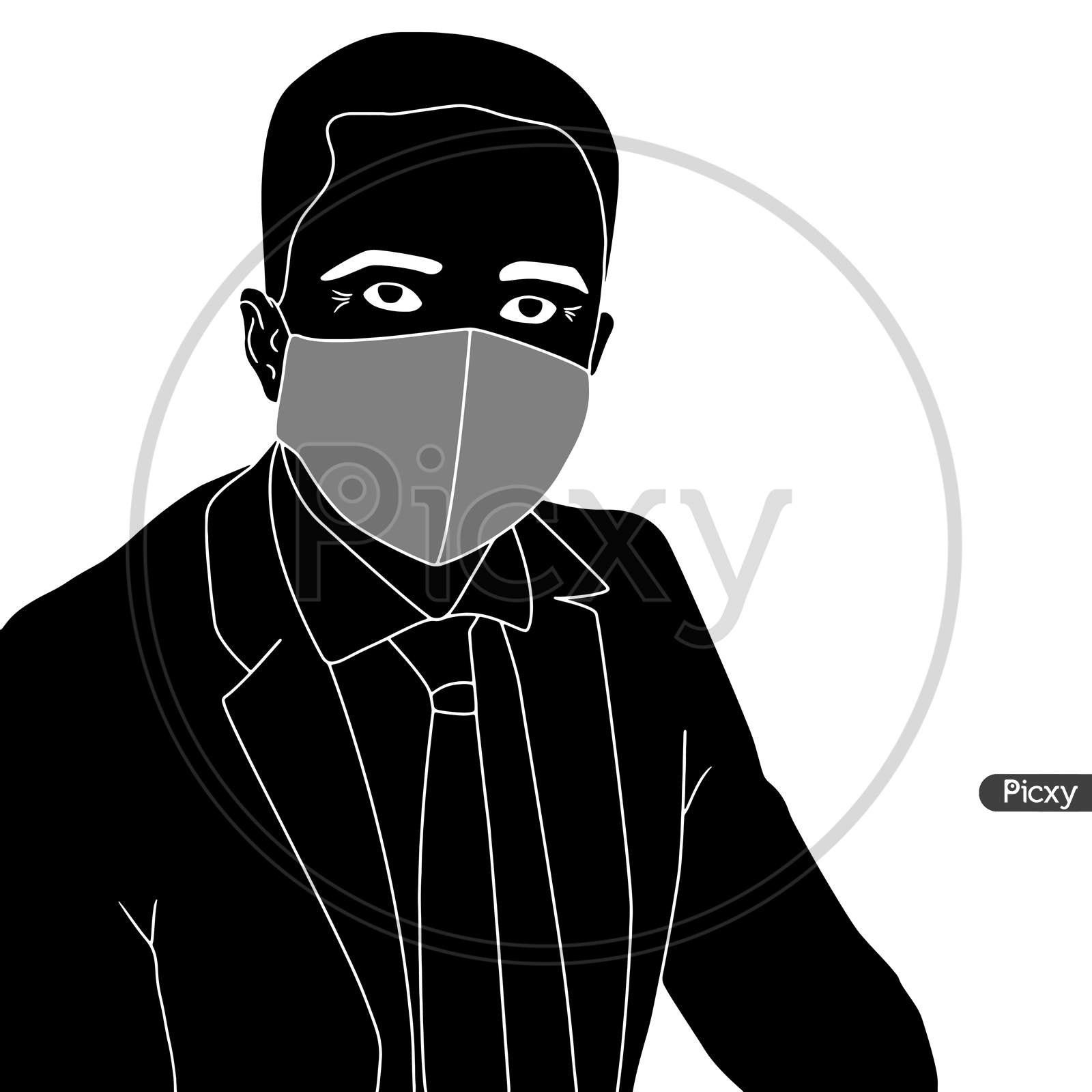 Young Businessmen In Suits And Masks Looking At You, Hand-Drawn Silhouette On White Background, Vector Illustration Of Flat Characters In The Mask, Coronavirus Mask Illustrations.