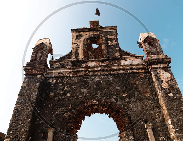 Low Angle View Of Brown Concrete Building, temple or church of Dhanushkodi
