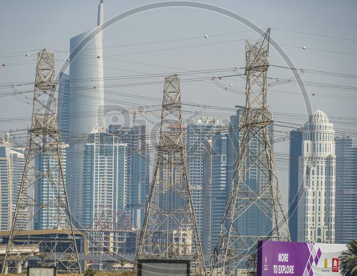 Uae Dubai Skyline Visible From The Dubai Metro