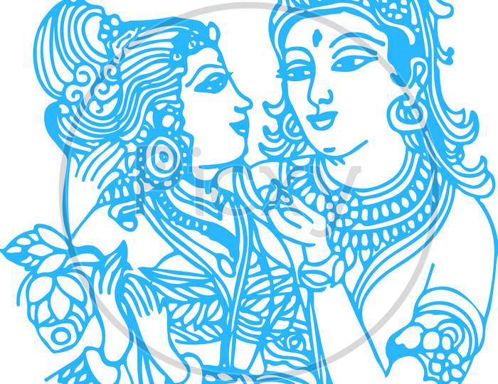 Image of Sketch Of Lord Krishna And Radha Doing Gau Puja Outline ...