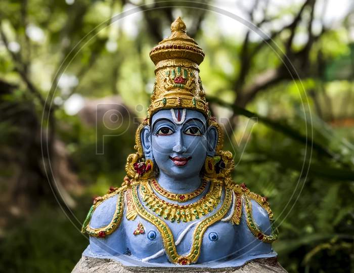 Close View of Lord Sri Vishnu idol isolated in Natural Rock Garden in Tirumala