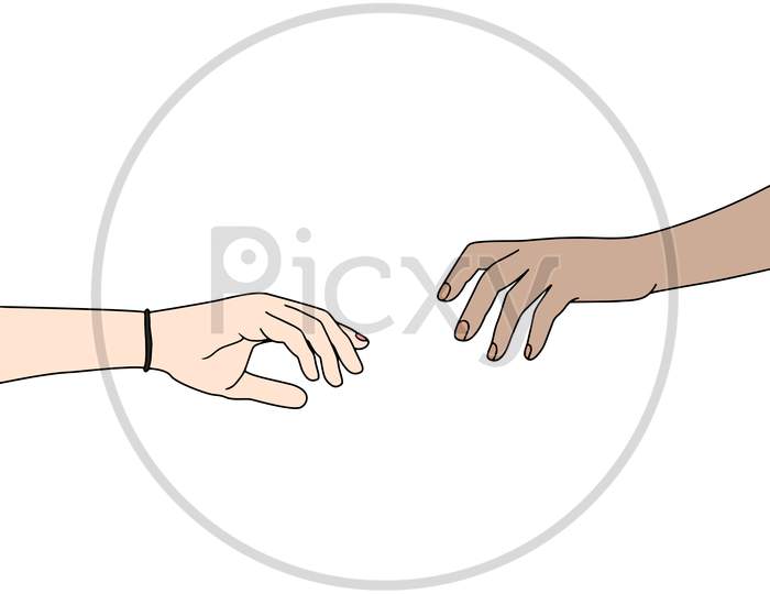 Two Hands Trying To Catch Each Other. Vector Illustration Of Two Hands On White Background. Isolated. Vector Illustration For Poster, Banner, Advertisement, Web Background, Promotion Activities.