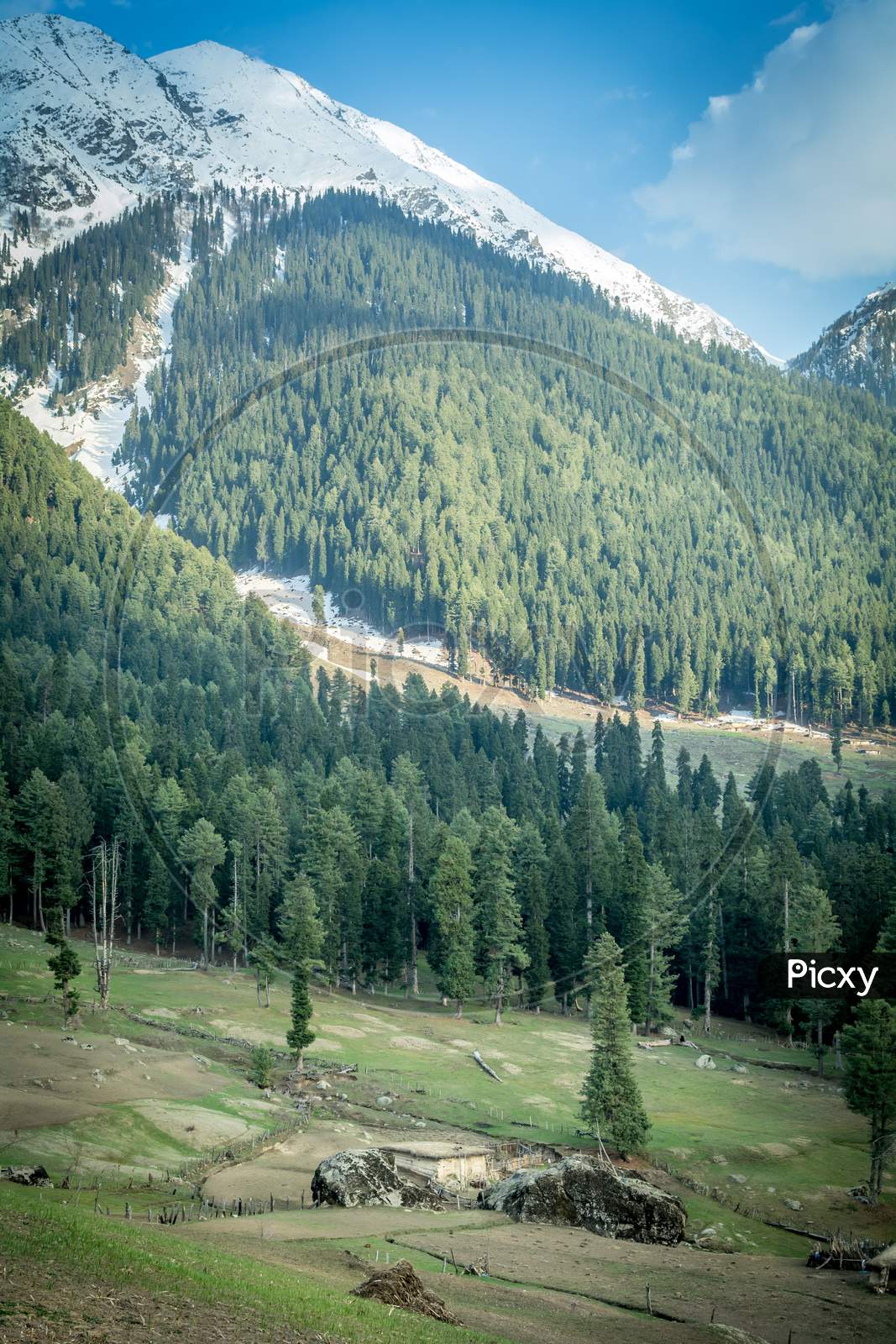 Pahalgam is a hill station in the north Indian state of Jammu and Kashmir.  Stock Photo by wirestock