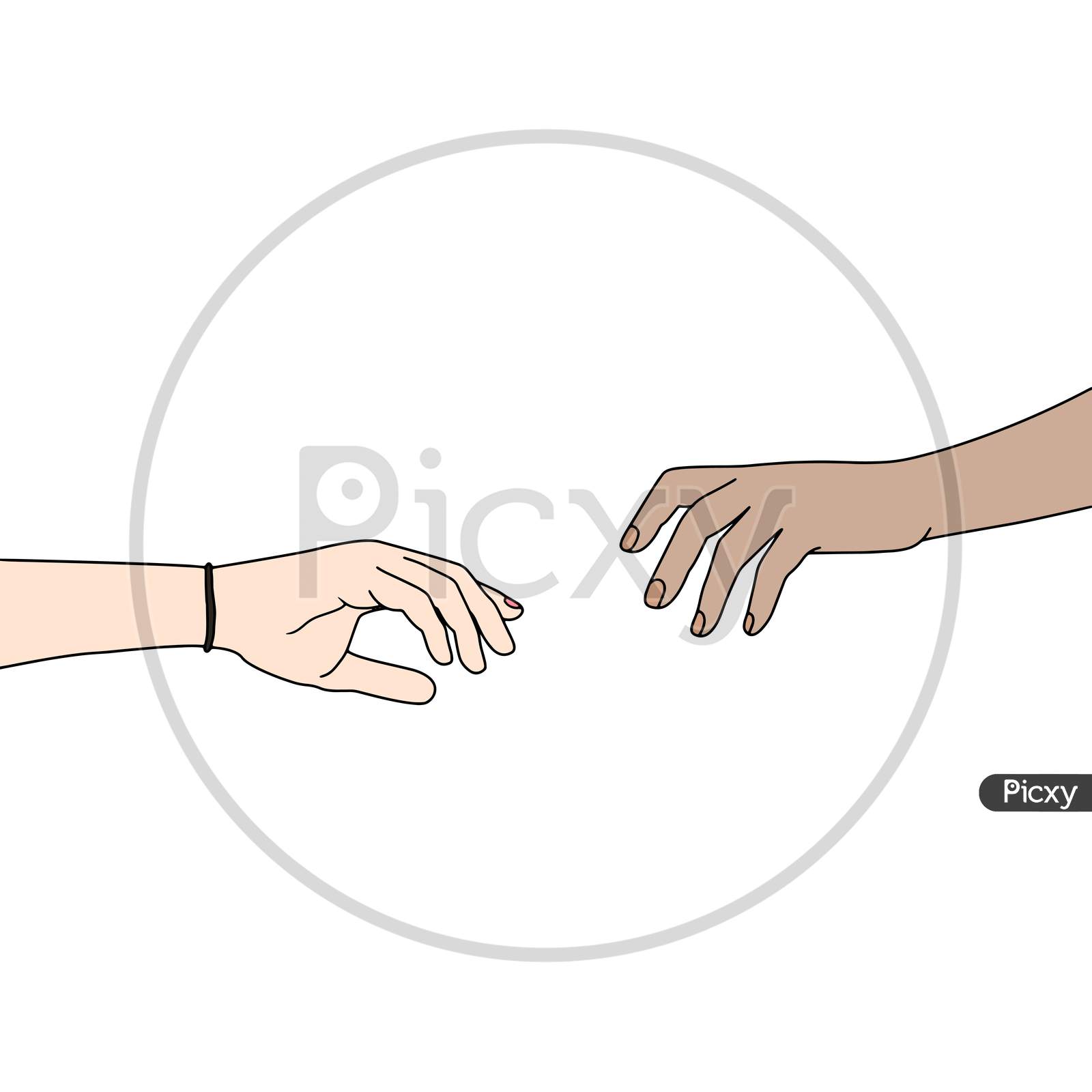 Two Hands Trying To Catch Each Other. Vector Illustration Of Two Hands On White Background. Isolated. Vector Illustration For Poster, Banner, Advertisement, Web Background, Promotion Activities.
