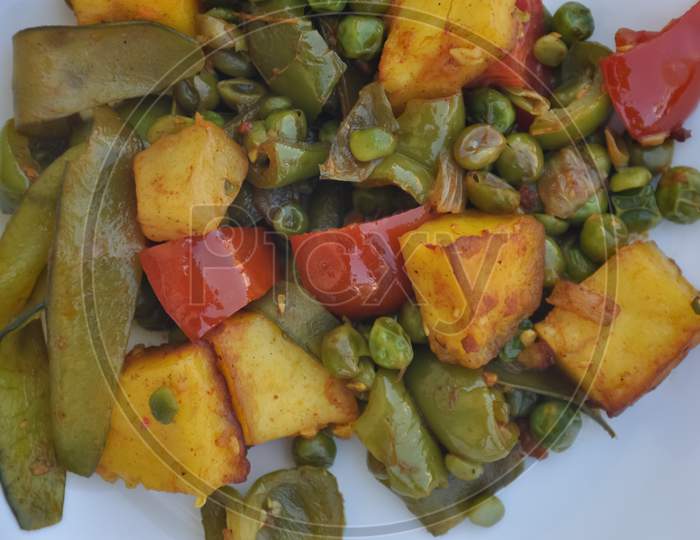 Closeup shot of matar paneer mix veg recipe (Indian food)