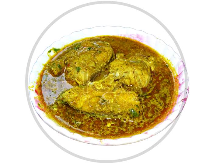 Indian raw fish curry recipe dish on white background