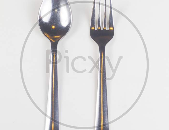 Fork, Spoon, Cutlery Isolated On White Background,