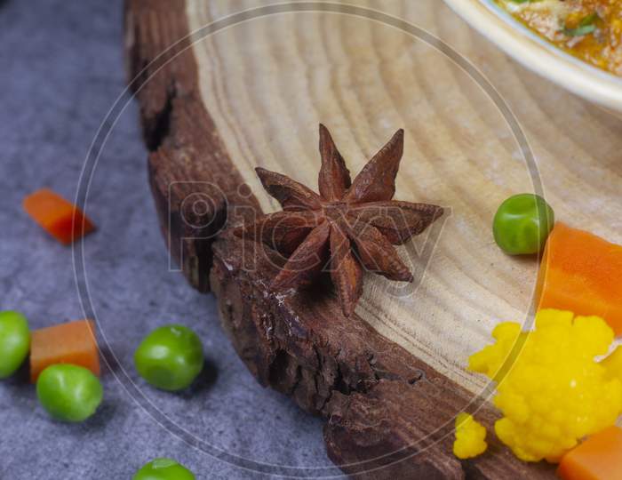Star Anise On Wooden Background. Close Up And Selective Focus