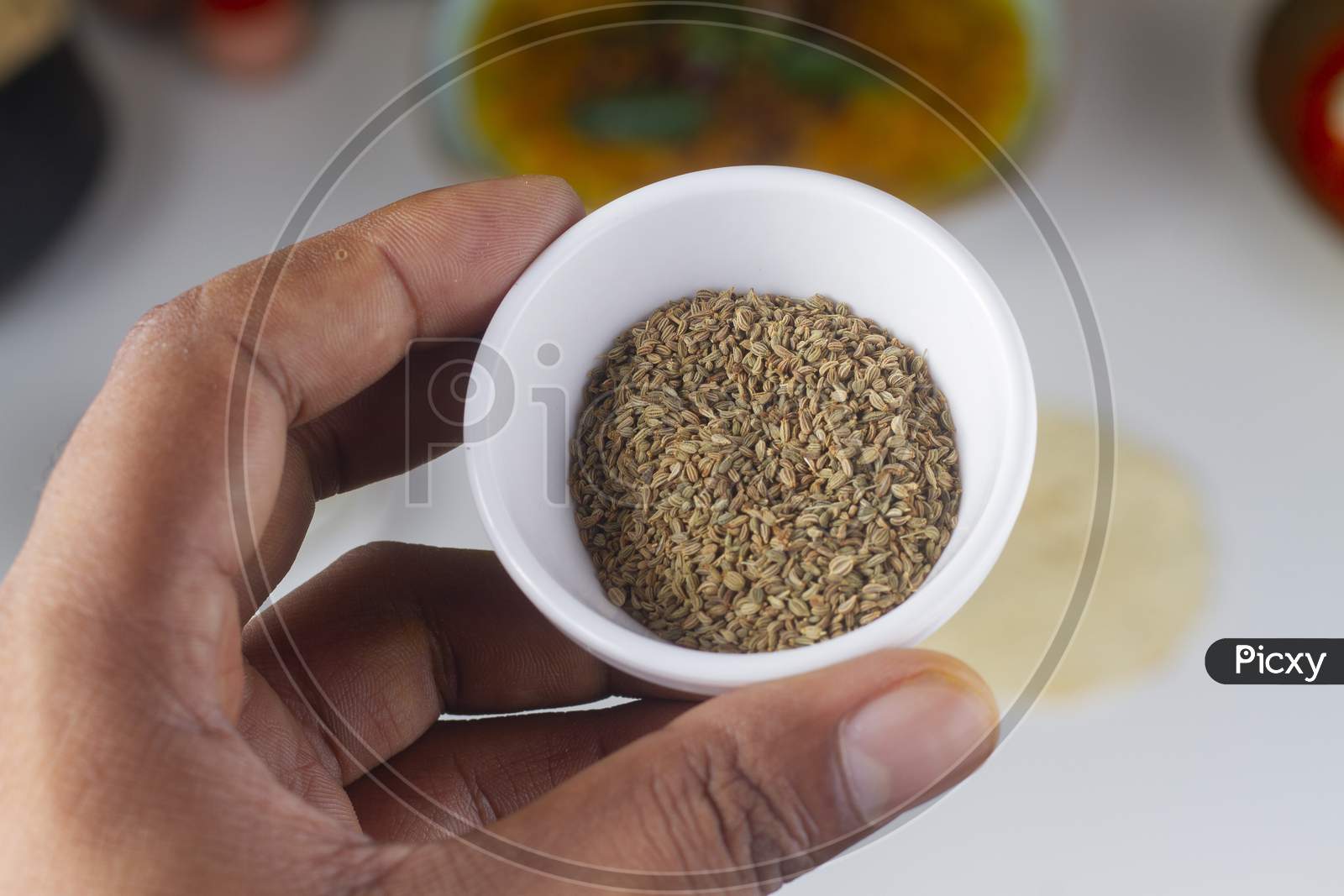 A Person Holding A Celery Seed Bowl In Hand Isolated On Light Background.