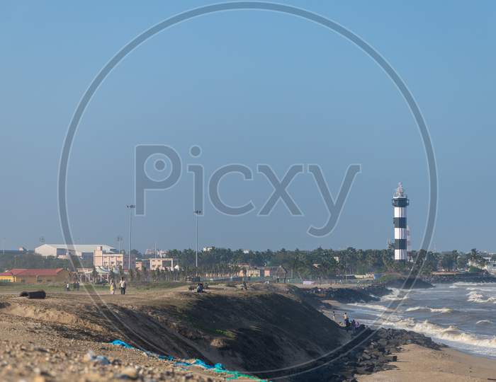 Chennai, Tamil Nadu, India - Pondycherry 21 02 2021: Andscape Of Light House Near The Beach