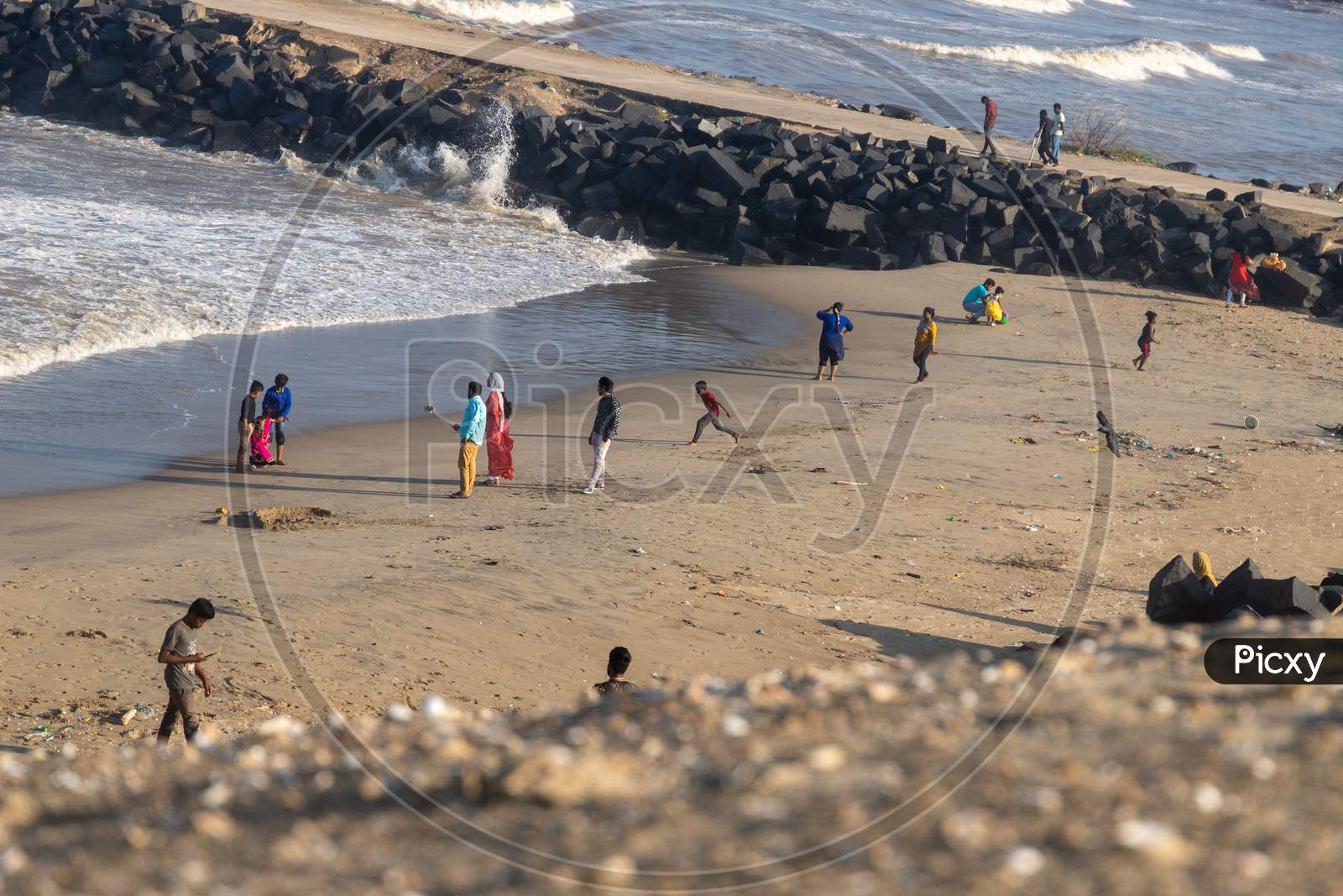 Chennai, Tamil Nadu, India - Pondycherry 21 02 2021: People Playing On Seashore In The Beach