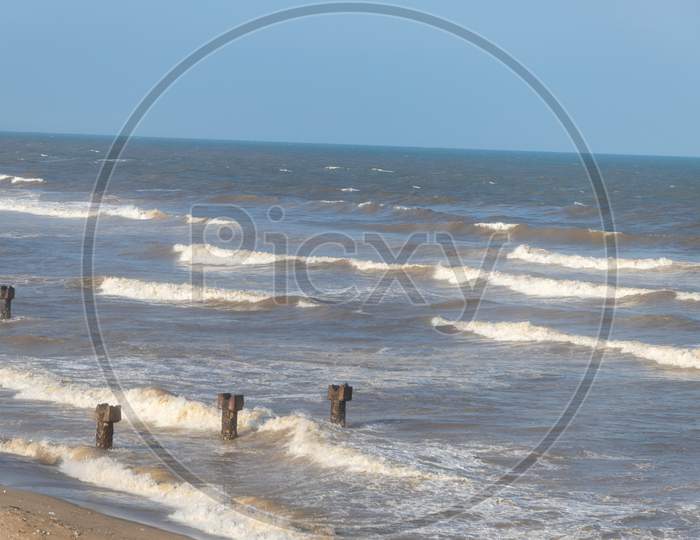 Chennai, Tamil Nadu, India - Pondycherry 21 02 2021: Beach Waves Near Seashore