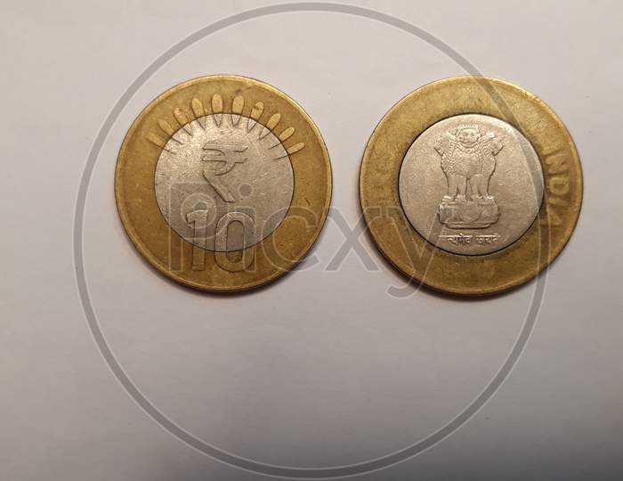 Indian rupees 10 coin on white background