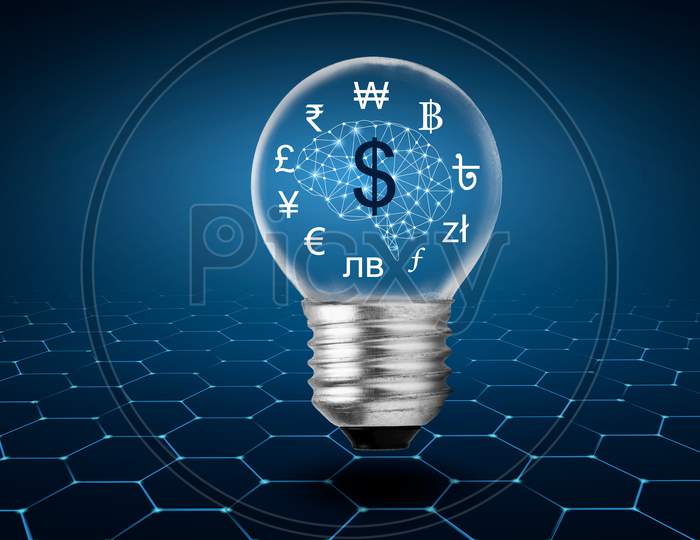 Money Making Idea Dollar Symbol A Light Bulb With A Brain Inside Thinking Of Earning Money