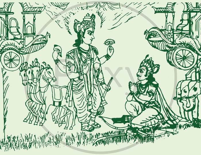 Sketch of Lord Krishna and Arjuna in a Horse Chariot and Scenes of  Kurukshetra War in the Hindu Epic Mahabharat Editable Outline Stock Vector   Illustration of epic battle 225645267