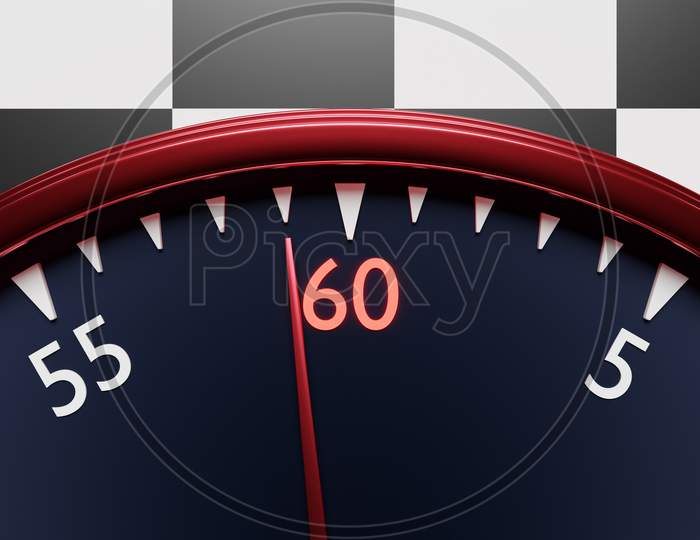 3D Illustration  Close Up  Of  Black  Round Clock, Stopwatch Shows The Number 60  On A Black And White Checkered  Background. Chronometer, Vintage Timer