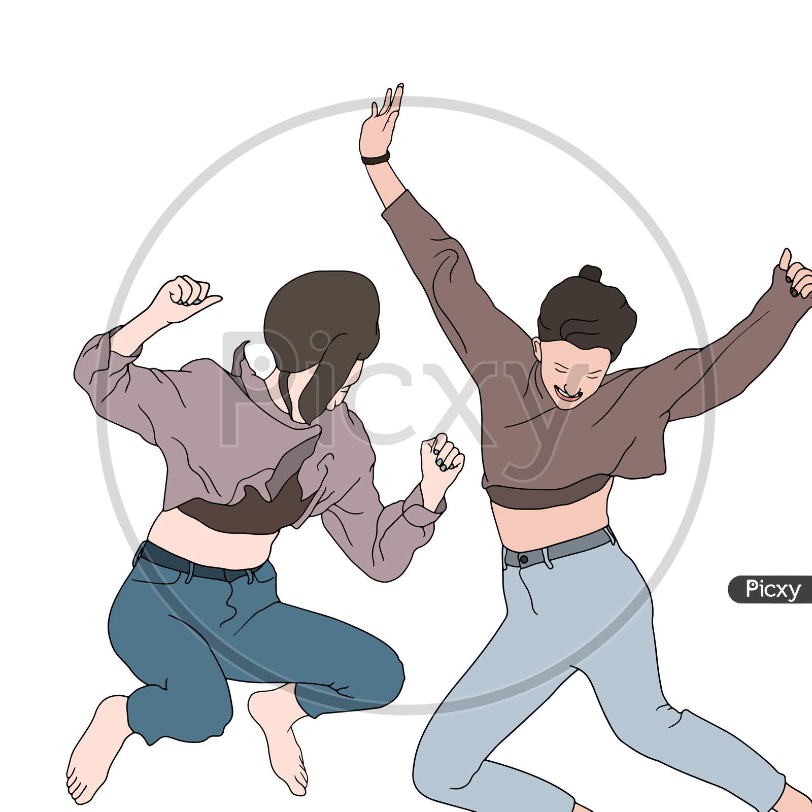 Two Girls Jumping In The Air Hand-Drawn Character Illustration Of Happy Friends.