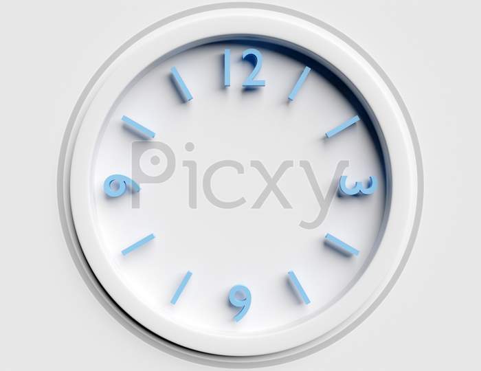 3D Illustration Of A Round Transparent Clock With Numbers  On A White Isolated Background. Time Concept