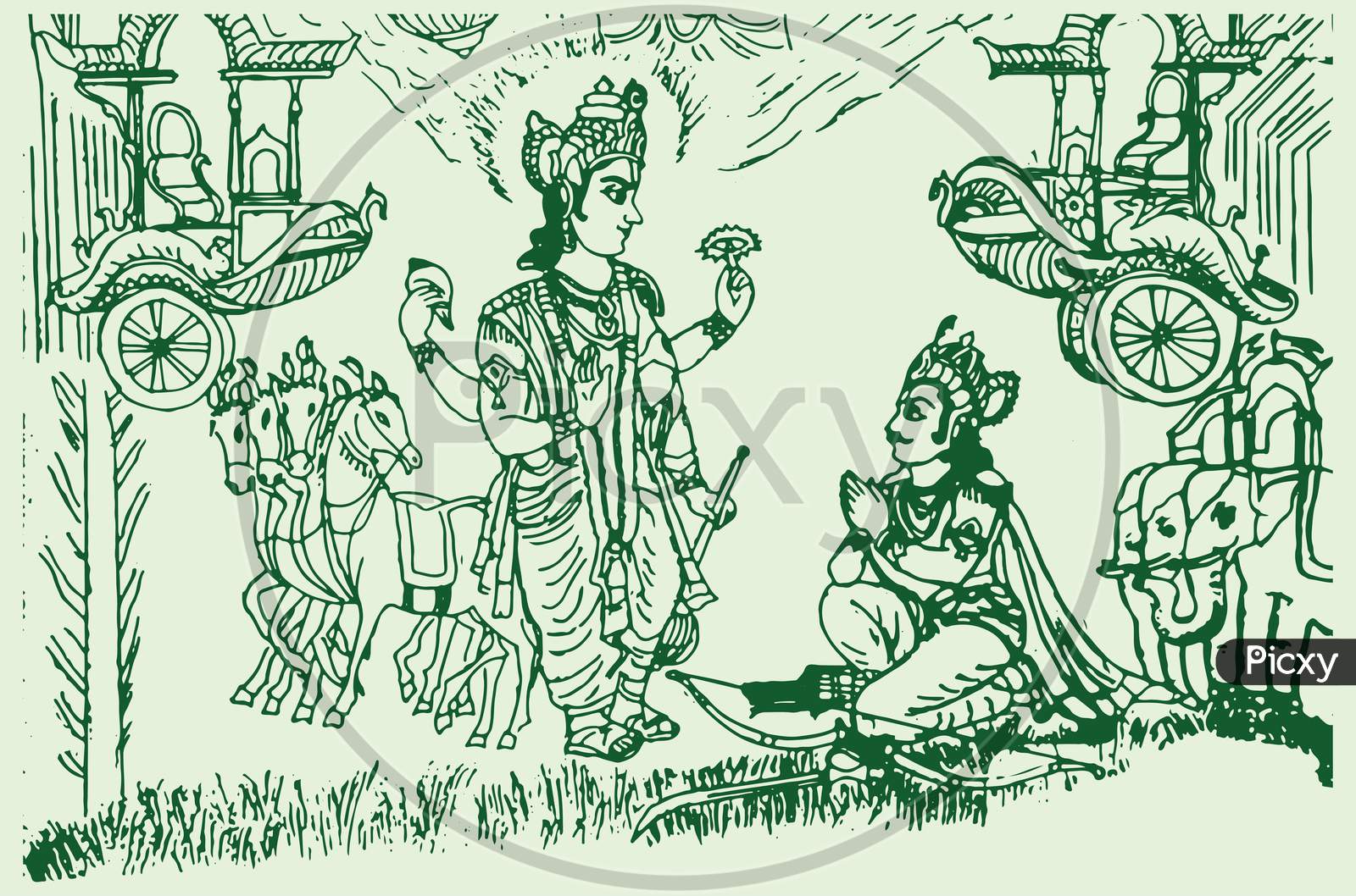 Sketch of Lord Krishna and Arjuna in a Horse Chariot and Scenes of  Kurukshetra War in the Hindu Epic Mahabharat Editable Outline Stock Vector   Illustration of field flag 225645164