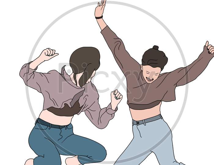 Two Girls Jumping In The Air Hand-Drawn Character Illustration Of Happy Friends.