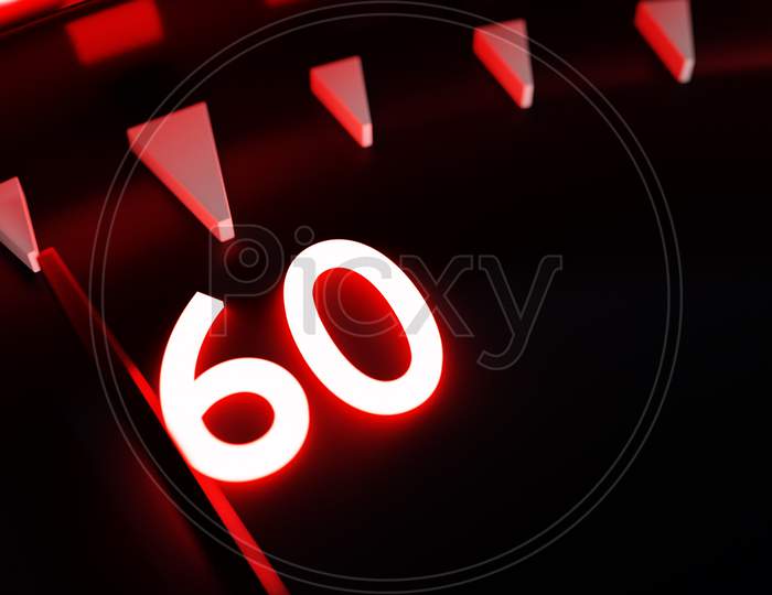 3D Illustration  Close Up  Of  Black  Round Clock, Stopwatch Shows The Number 60. Chronometer, Vintage Timer