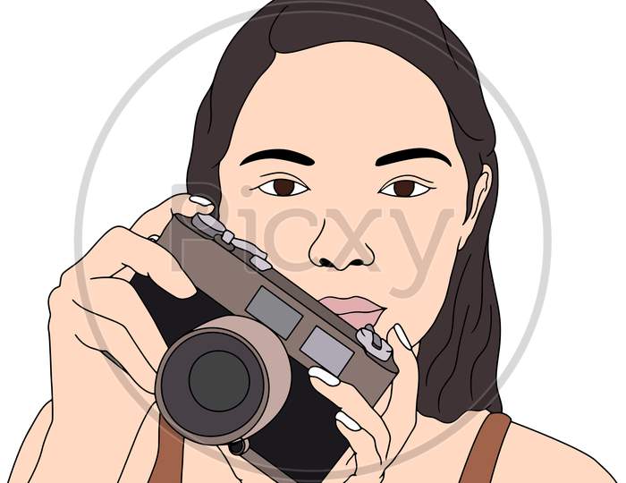 Girl Holding The Camera In Hand. Flat Hand-Drawn Character Vector Illustration On Transparent Background.